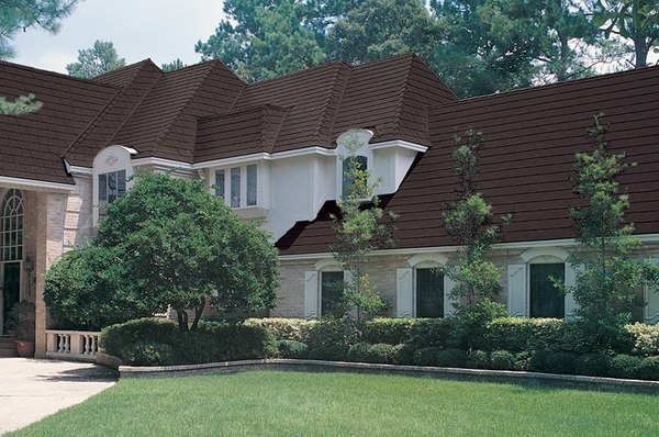 Metal roof shingles brown color house exterior