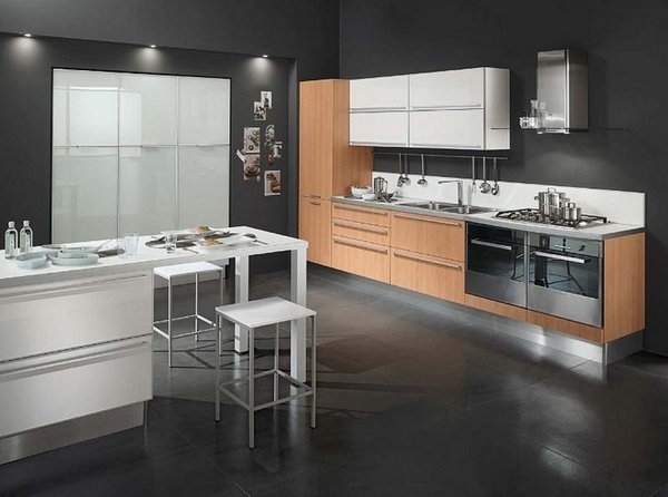 Modern dark gray kitchen wall color white furniture wood cabinet doors