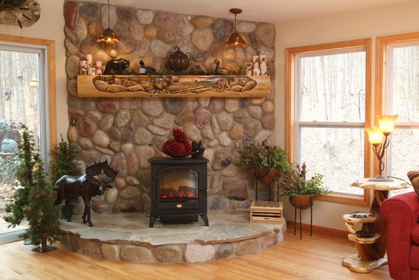 Rustic-mantelpiece-ideas-solid wood mantel shelf stone wall