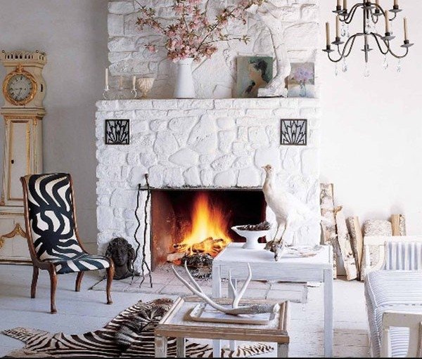 Rustic-mantelpiece-ideas-stone fireplace white coffee table
