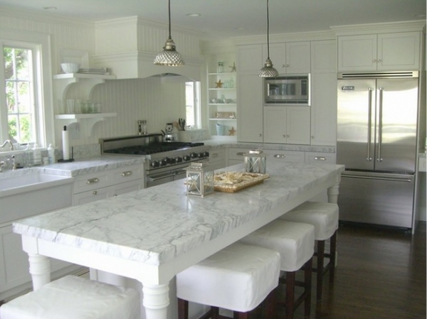 Super White granite countertop ideas contemporary kitchen design white bar stools