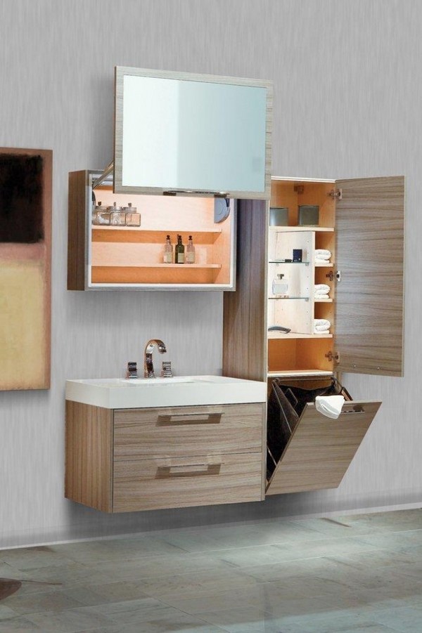 Vanity with laundry hamper medicine cabinet tidy 