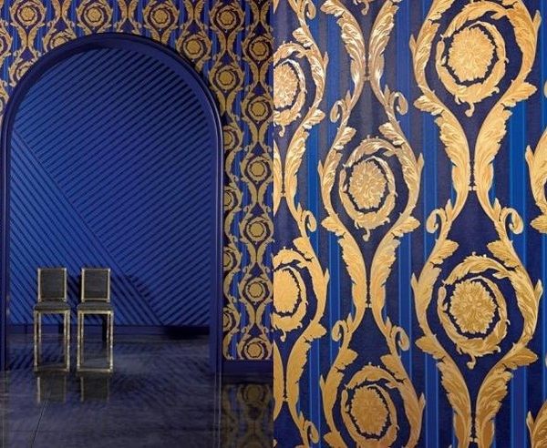Versace home wallpaper Barocco and Stripes blue gold