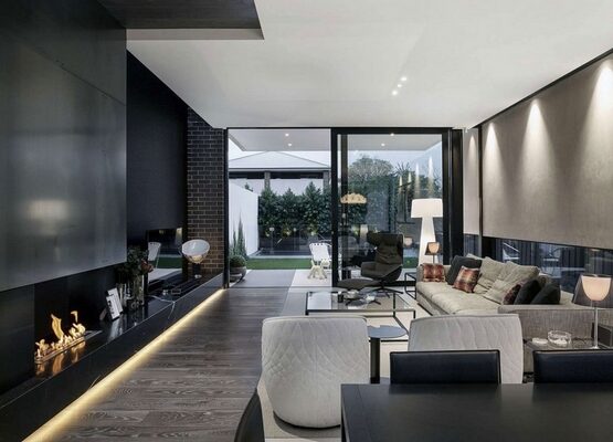 balck-and-white-furniture-LED-floor-lights-modern-fireplace