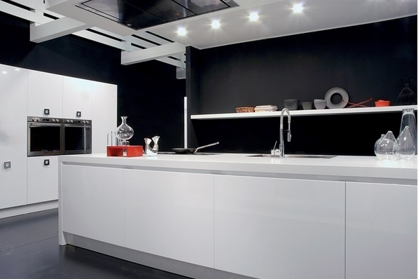 black and white kitchen black wall white cabinets modern look