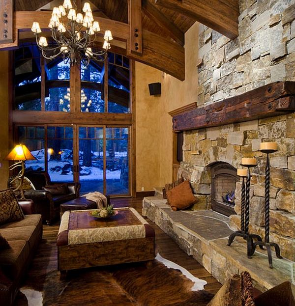 grey stone fireplace solid wood-Rustic-mantelpiece-ideas-ottoman coffee table ceiling beams