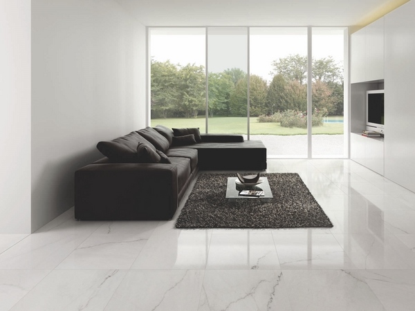 minimalist living room interior glazed floor black sectional sofa