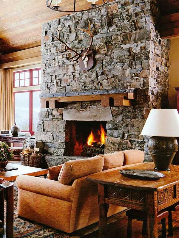 rustic-interior-design-stone-fireplace-solid-wood-mantelpiece