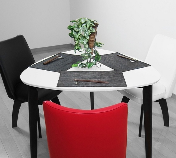 small furniture triangular table black white red chairs