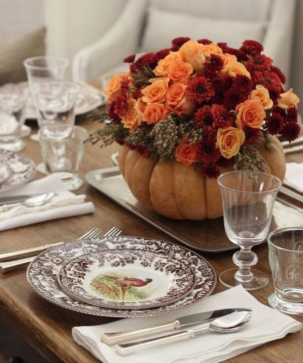 spectacular fall table decorations pumpkin vase fresh flowers