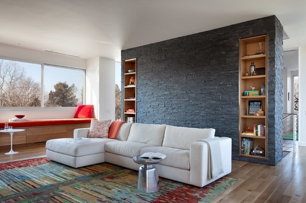 stone wall tile design ideas contemporary living room accent wall built in bookshelves