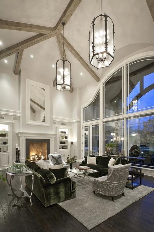living room with cathedral ceiling recessed lights