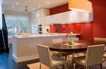 white-kitchen-cabinets-red-wall-modern-lighting-kitchen-design-ideas