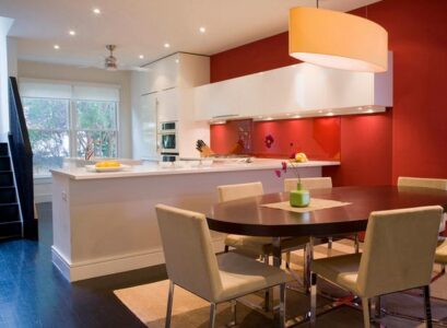 white-kitchen-cabinets-red-wall-modern-lighting-kitchen-design-ideas