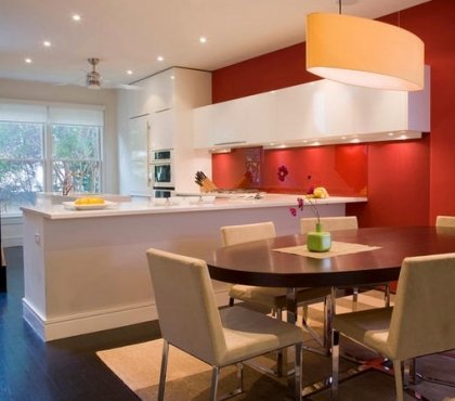 white-kitchen-cabinets-red-wall-modern-lighting-kitchen-design-ideas