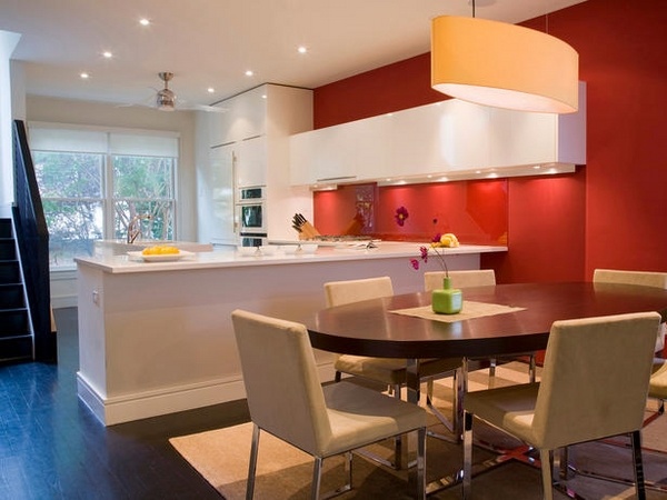 white kitchen cabinets red wall modern lighting 