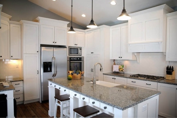 Awesome kitchen ideas with grey granite countertops dark wooden stools white cabinets