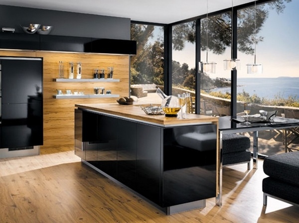 Beautiful kitchen designs island wood flooring white floating shelves