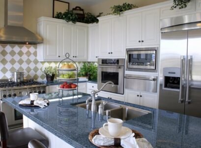 Blue-pearl-granite-kitchen-countertop-white-cabinets-kitchen-island-with-seating