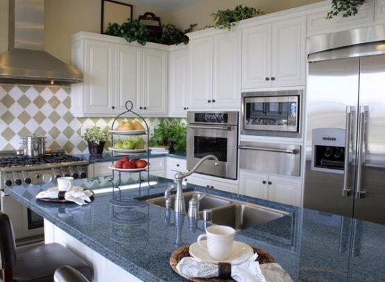 Blue-pearl-granite-kitchen-countertop-white-cabinets-kitchen-island-with-seating