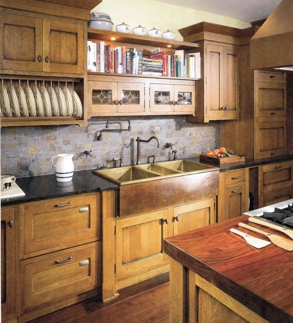 Craftsman kitchen design farmhouse sink wood cabinets tile backsplash
