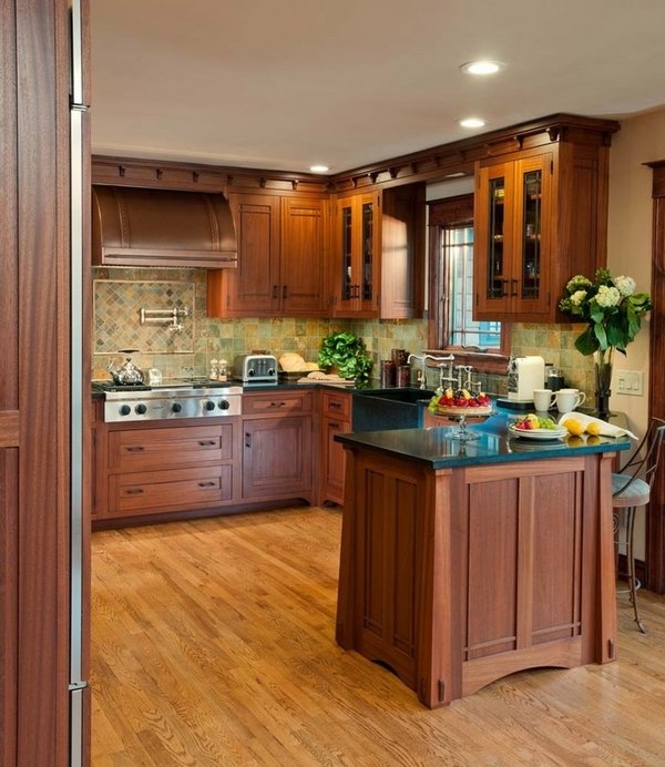 Craftsman style kitchen design wood flooring wood cabinets glass fronts