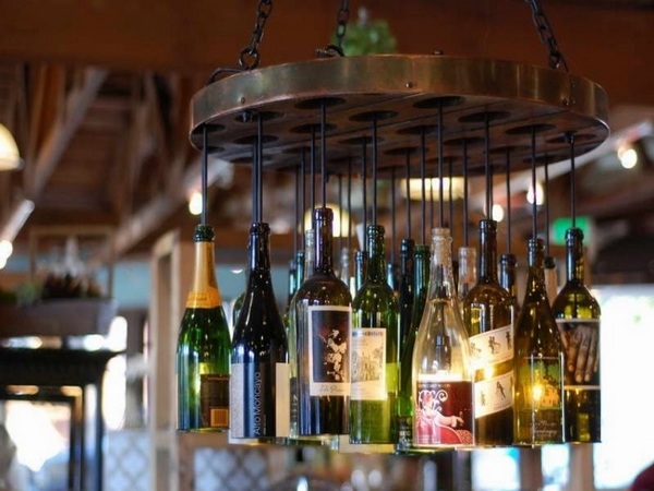 DIY chandelier bottles metal disc different colors