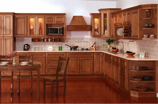Dark maple cabinets wood floor Craftsman kitchen design ideas