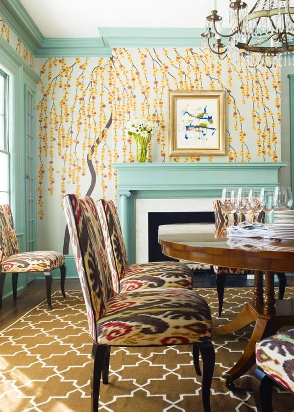 Eclectic floral wallpaper blue accents upholstered chairs