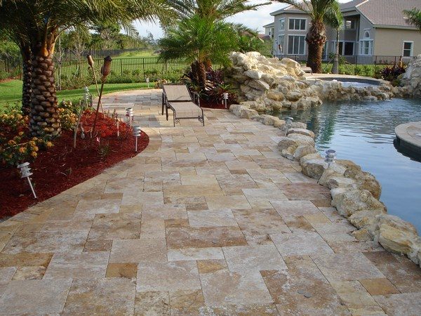 Gold pavers pool deck ideas modern patio decoration