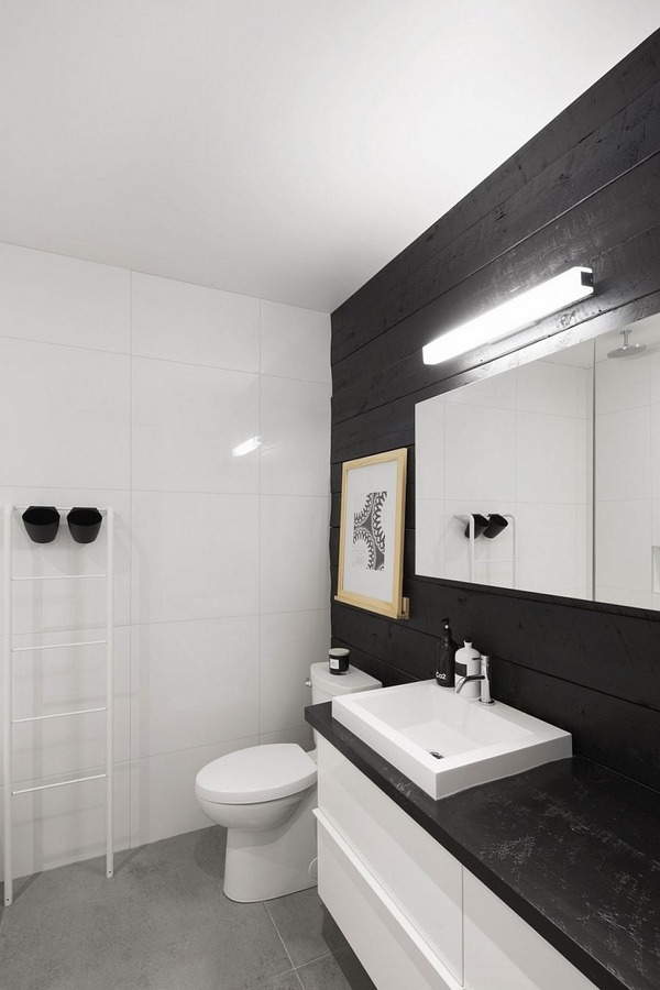 bathroom design black wooden boards white tiles