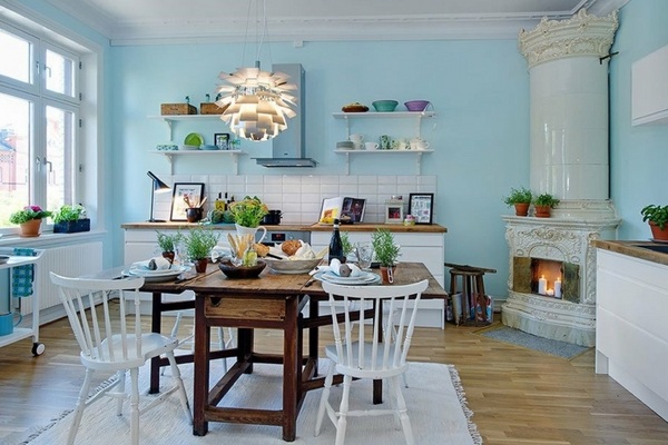 Kitchen paint color ideas pastel blue walls vintage corner fireplace 