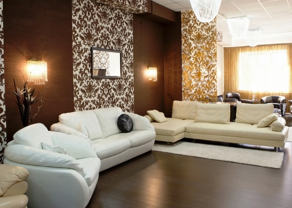 colors brown accent wall ornate wallpaper beige sofa