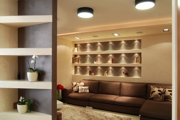 brown sectional sofa wall shelves