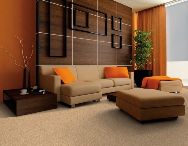 leather sofa orange cushions and curtains