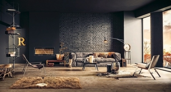 Living-room-furniture-leather-sofa-wood-flooring black-brick-wall