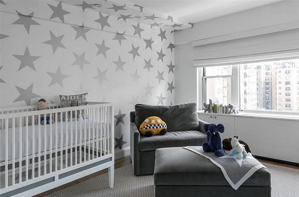 nursery style neutral gray white interior wallpaper with stars