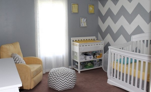 Modern baby nursery style neutral colors gray white interior yellow accents
