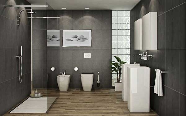 Modern design grey tiles wood flooring white sinks