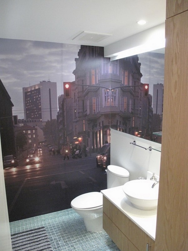 Modern city wall mural bathroom decor