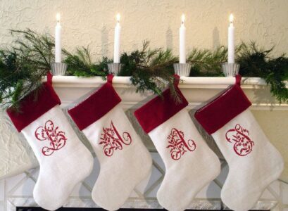 Monogrammed-Christmas-stockings-white-red-stockings-christmas-fireplace-decoration