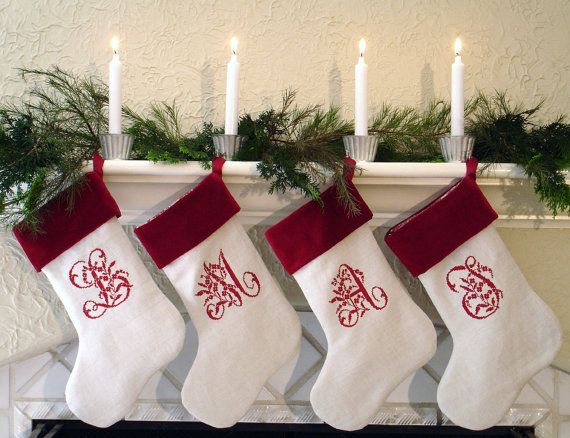 Monogrammed-Christmas-stockings-white-red-stockings-christmas-fireplace-decoration