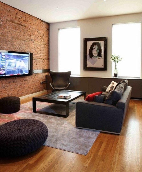 Small-living-room-ideas-brick-wall-wood-flooring modern sofa