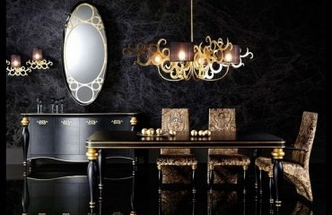 Stunning-dining-room-decor-in-black-gold-accents-spectacular-chandelier