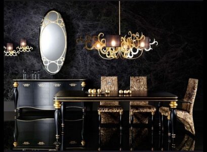 Stunning-dining-room-decor-in-black-gold-accents-spectacular-chandelier