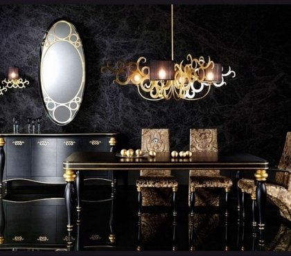 Stunning-dining-room-decor-in-black-gold-accents-spectacular-chandelier