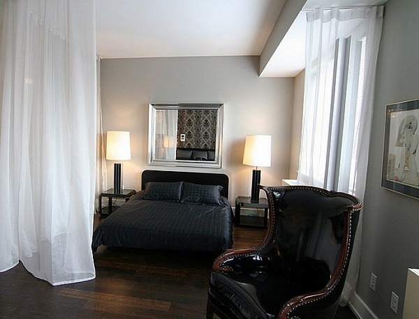 White curtain room divider ideas modern bedroom studio apartment 