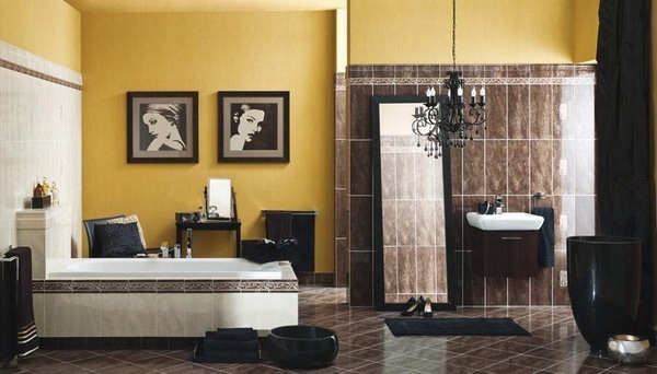 bathroom colors ideas yellow wall paint brown wall and floor tiles black chandelier