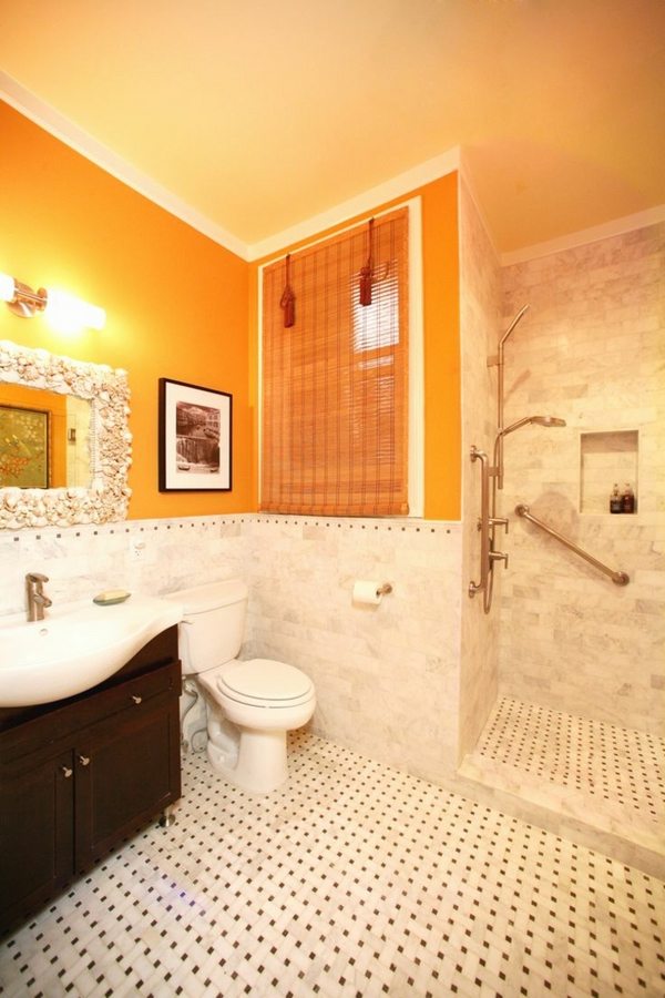 bathroom colors warm orange wall color dark wood vanity cabinet
