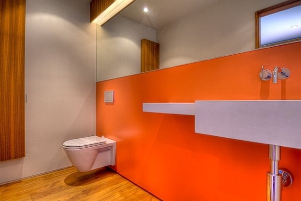 design orange accent wall white sink modern color ideas 